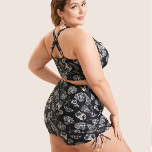 BloomChic Size L Shell Print Drawstring Ruched Skinny Swim Top us 12 - Picture 3 of 7